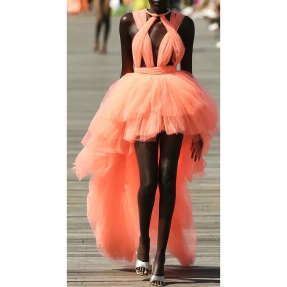 Bronx and Banco Taraji Tiered Ruffle Tulle Sheer Cutout High Low Maxi Gown Sz XS - Picture 4 of 14